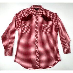 Vintage Sears Western Wear Cowboy Shirt Mens XL Red Rockabilly Pearl Snap Fringe